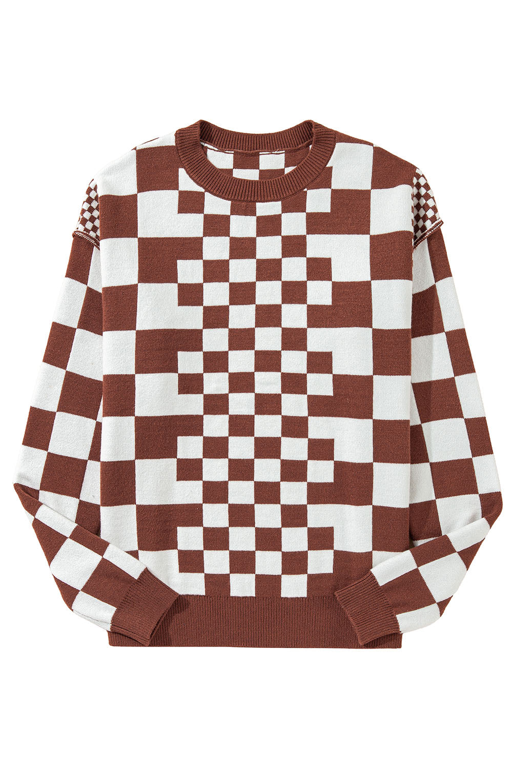 Khaki Checkered Drop Shoulder Round Neck Sweater - Dear Autumn