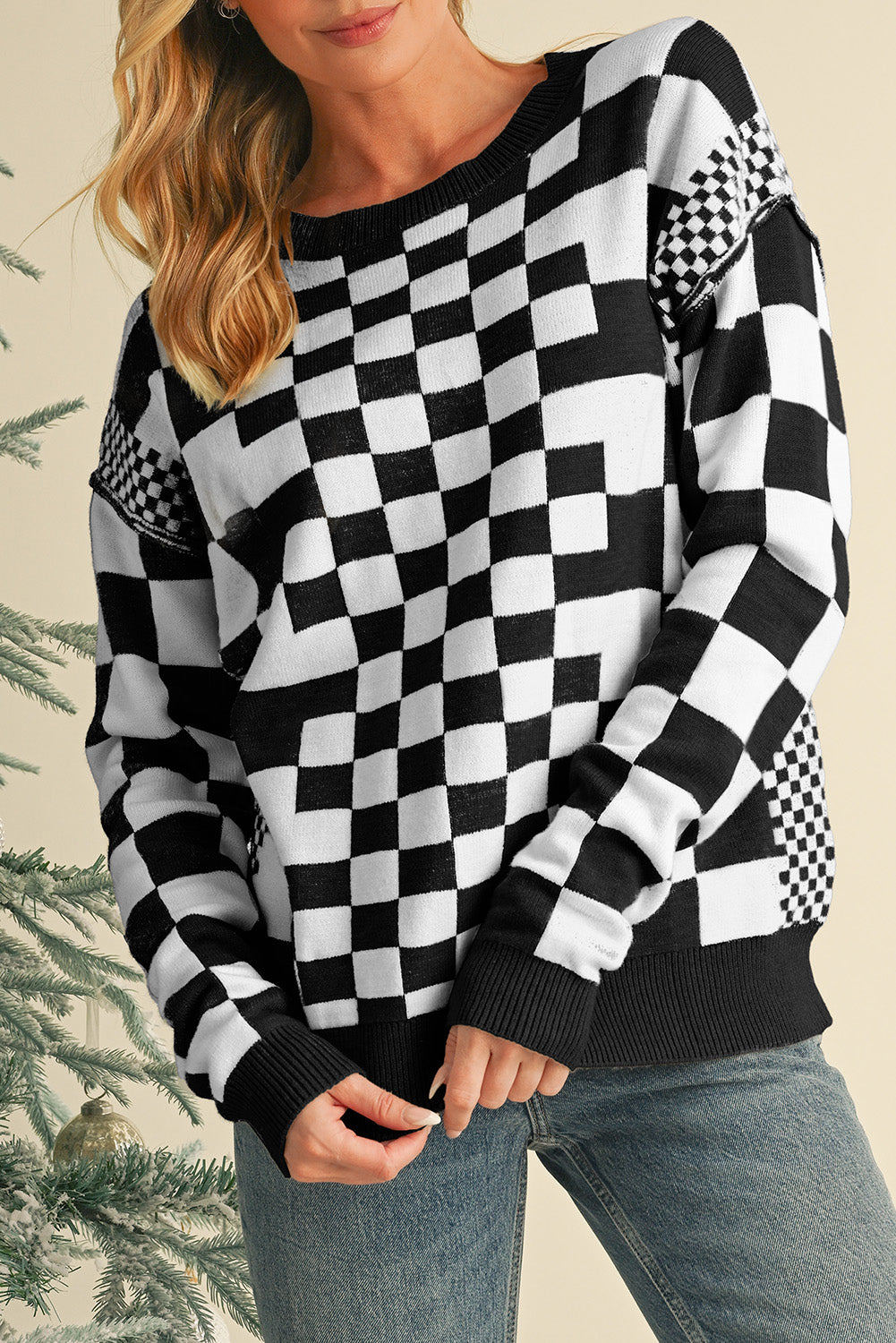 Khaki Checkered Drop Shoulder Round Neck Sweater - Dear Autumn