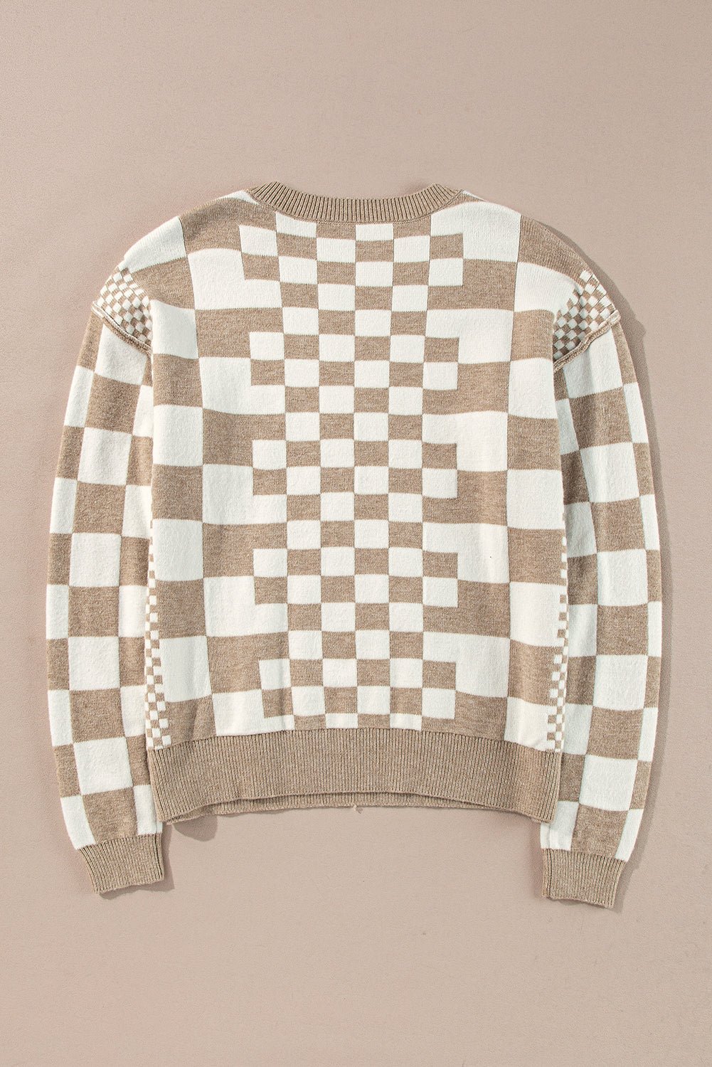 Khaki Checkered Drop Shoulder Round Neck Sweater - Dear Autumn