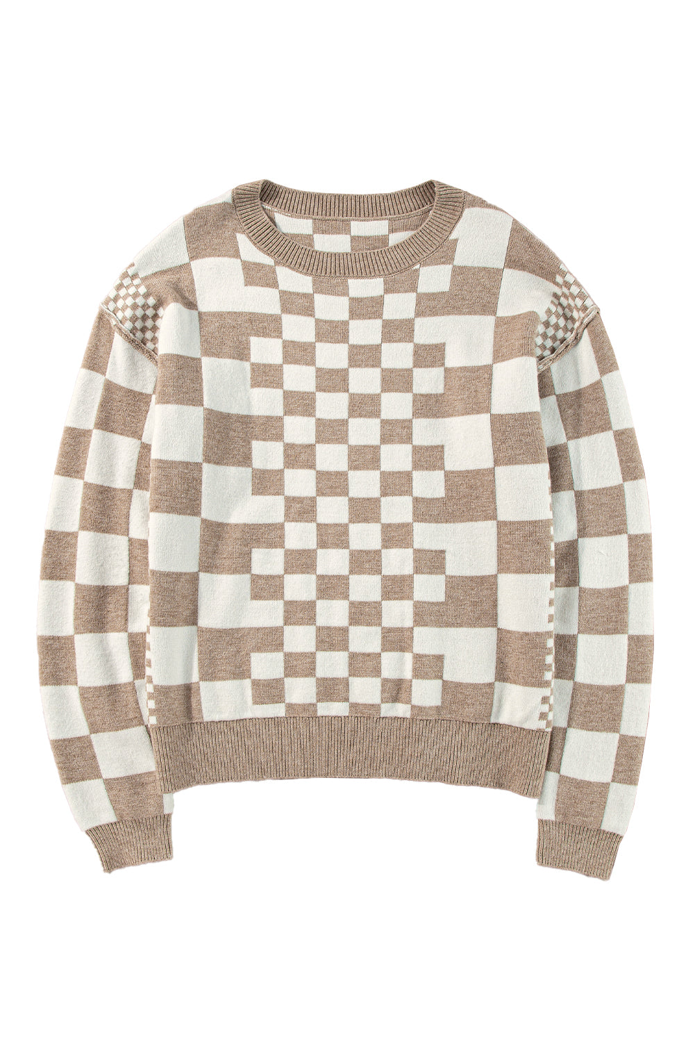 Khaki Checkered Drop Shoulder Round Neck Sweater - Dear Autumn