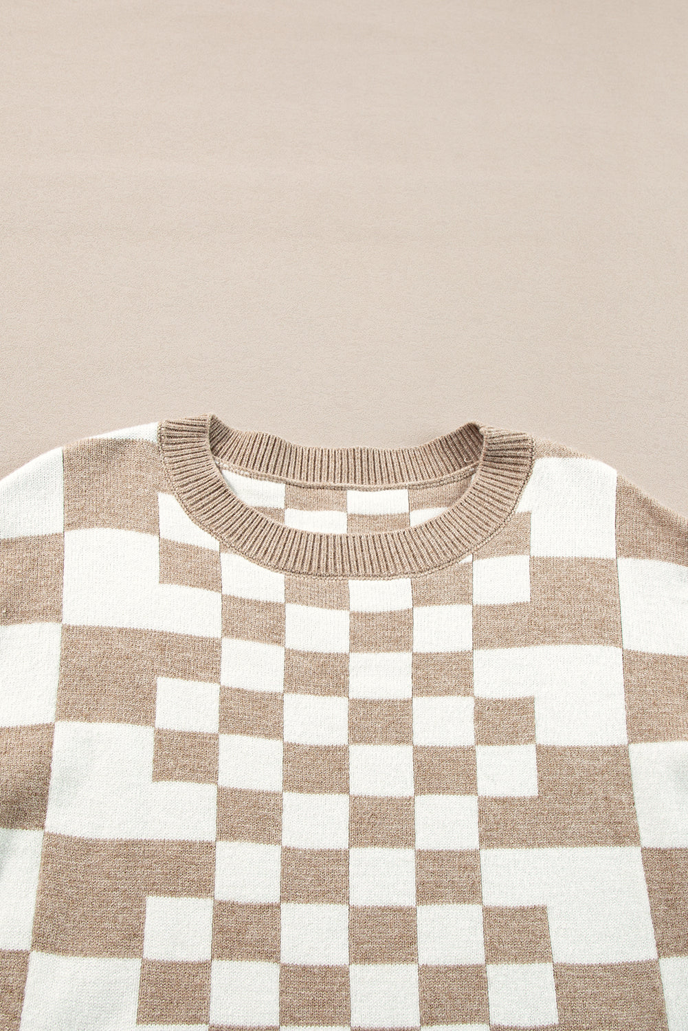 Khaki Checkered Drop Shoulder Round Neck Sweater - Dear Autumn