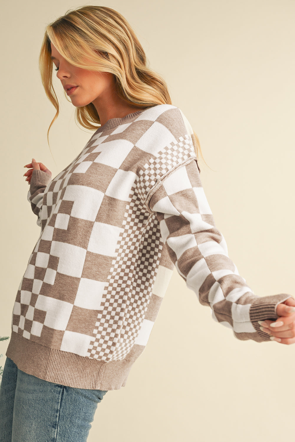 Khaki Checkered Drop Shoulder Round Neck Sweater - Dear Autumn