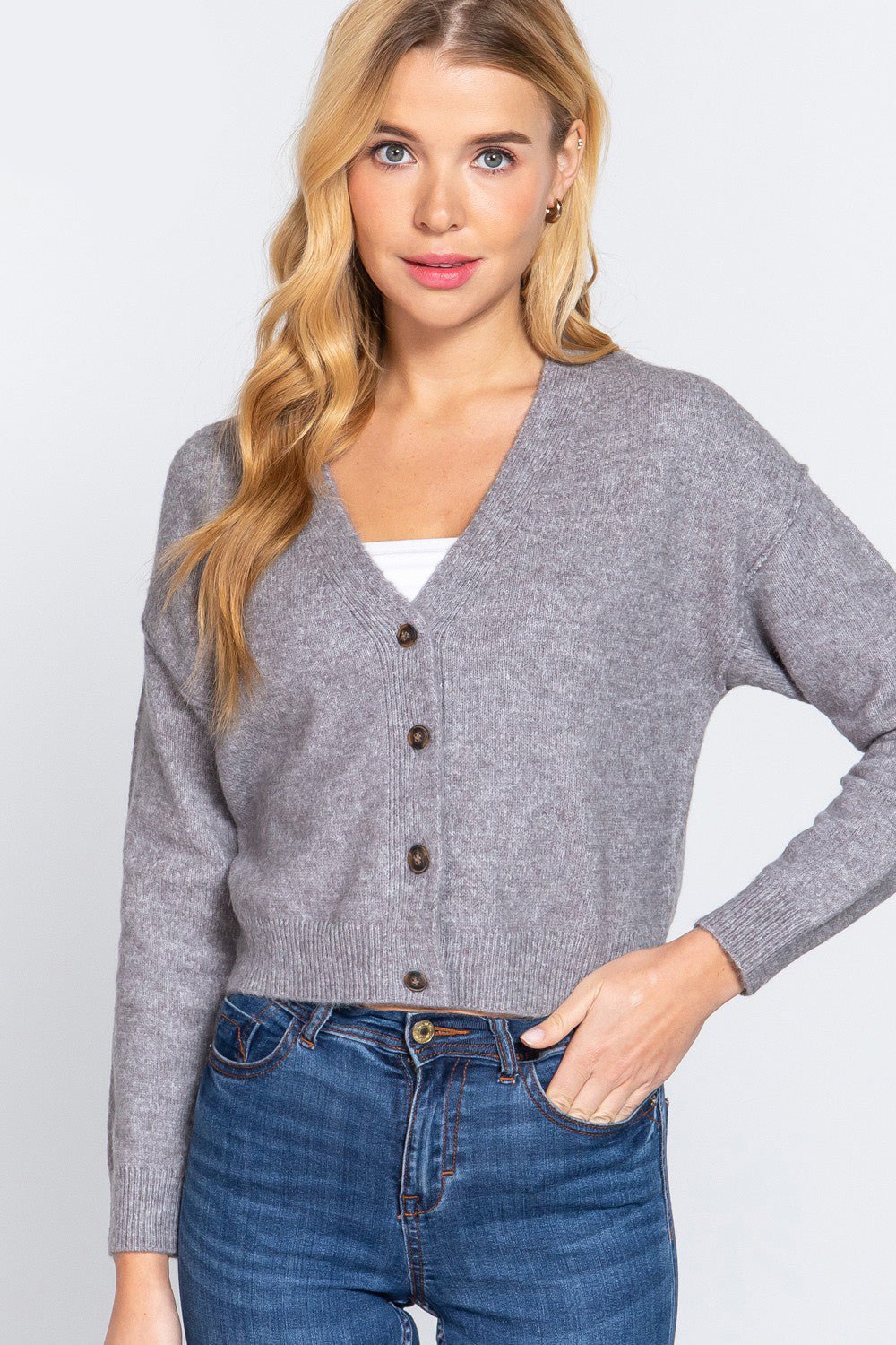 ACTIVE BASIC V - Neck Button Up Long Sleeve Knit Cardigan - Dear Autumn