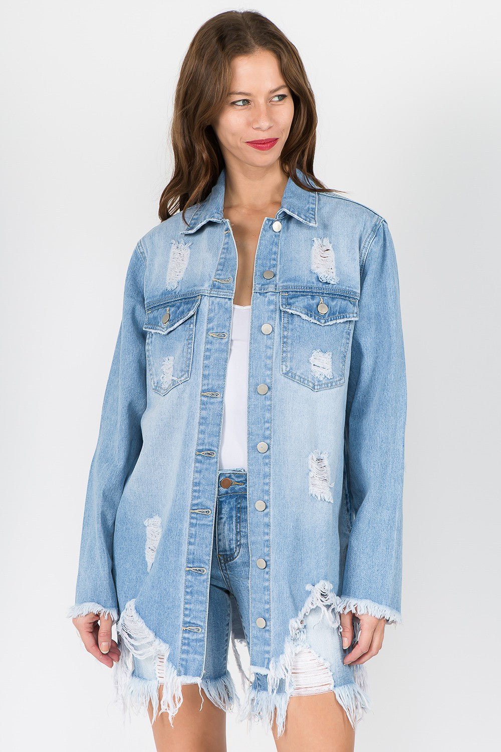 American Bazi Distressed Frayed Hem Denim Jacket - Dear Autumn