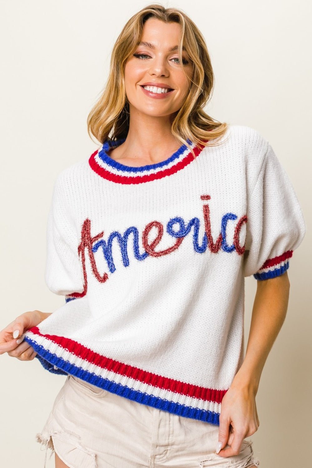 BiBi Metallic America Letter Short Sleeve Sweater - Dear Autumn