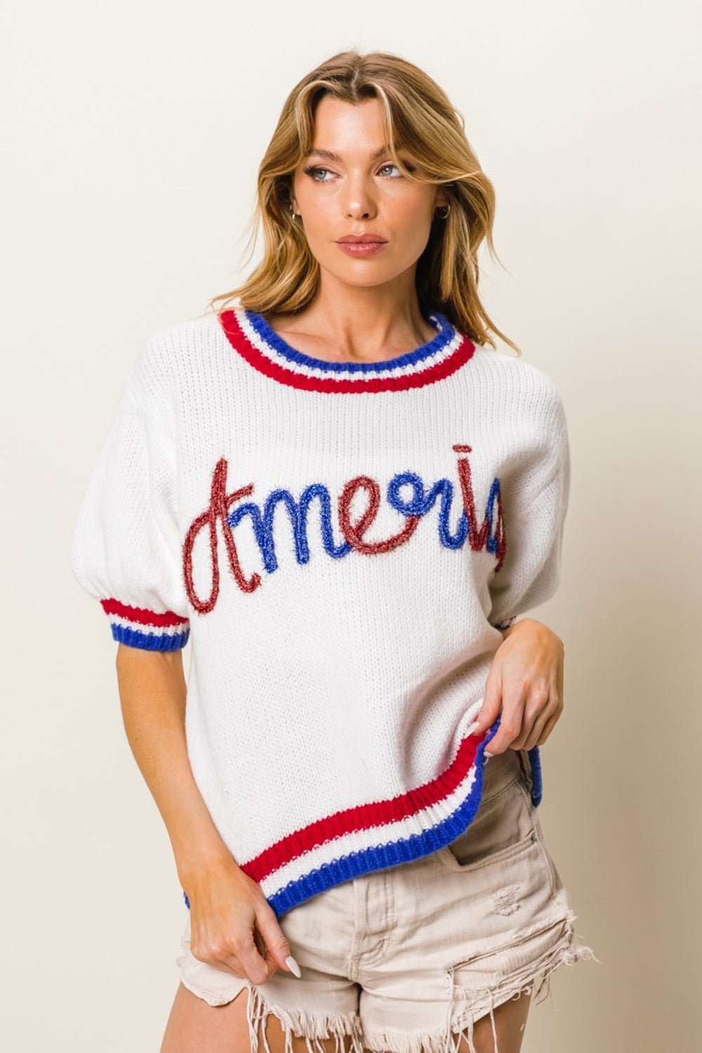 BiBi Metallic America Letter Short Sleeve Sweater - Dear Autumn