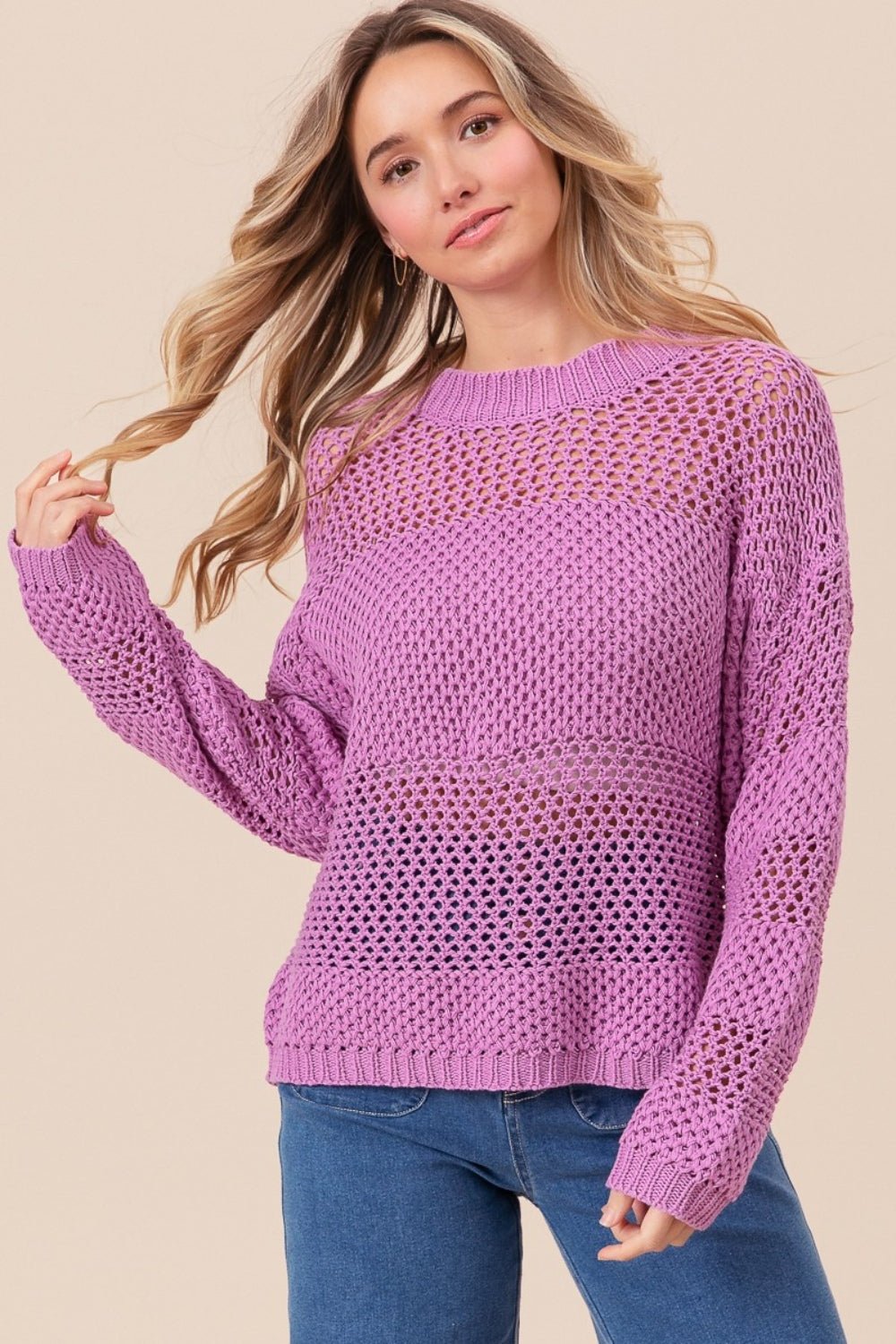 BiBi Openwork Long Sleeve Knit Top - Dear Autumn