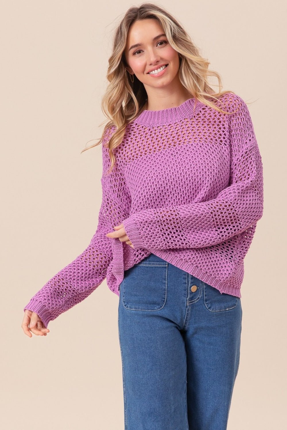 BiBi Openwork Long Sleeve Knit Top - Dear Autumn