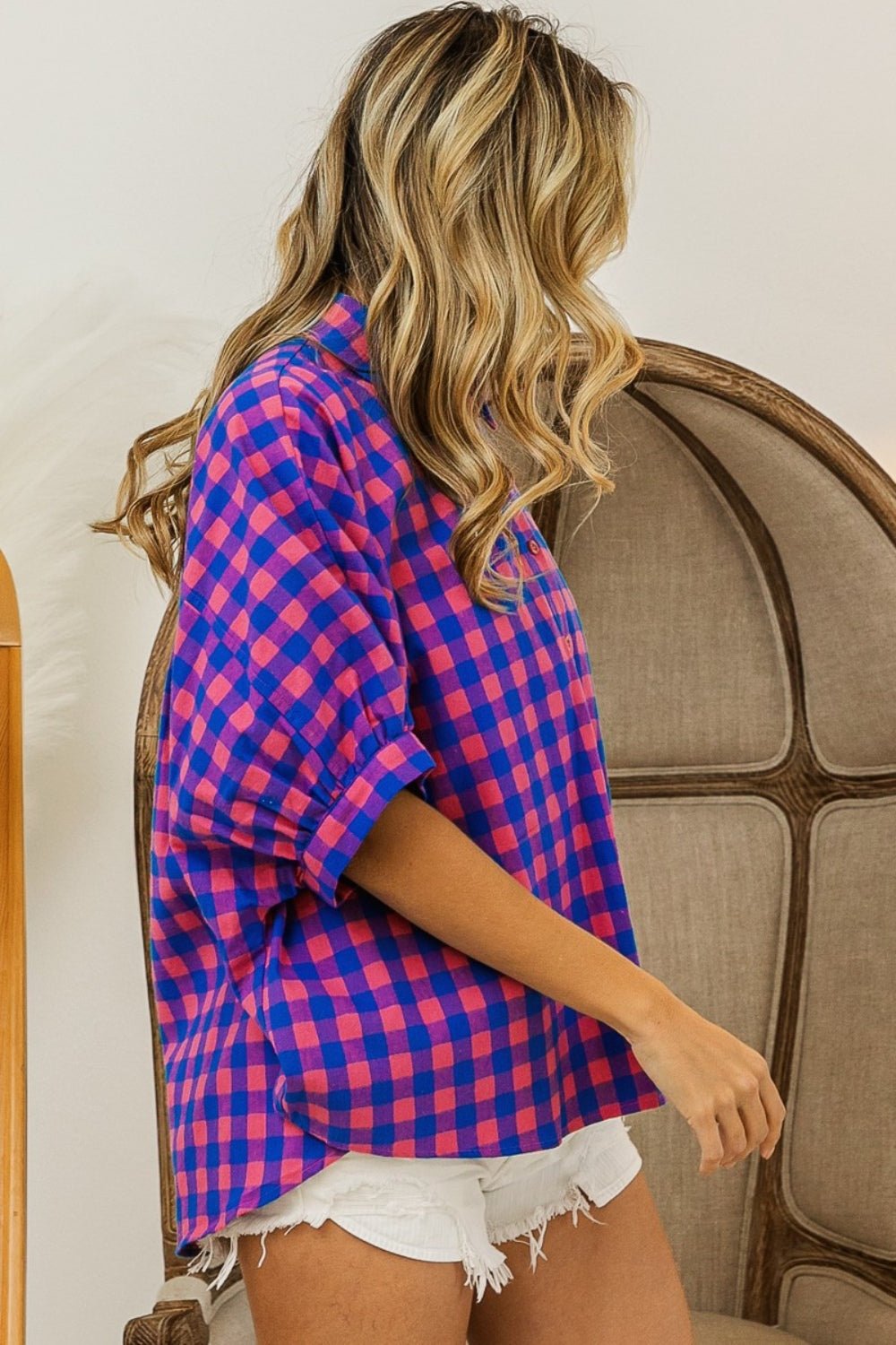 BiBi Plaid Button Up Dolman Sleeve Shirt - Dear Autumn