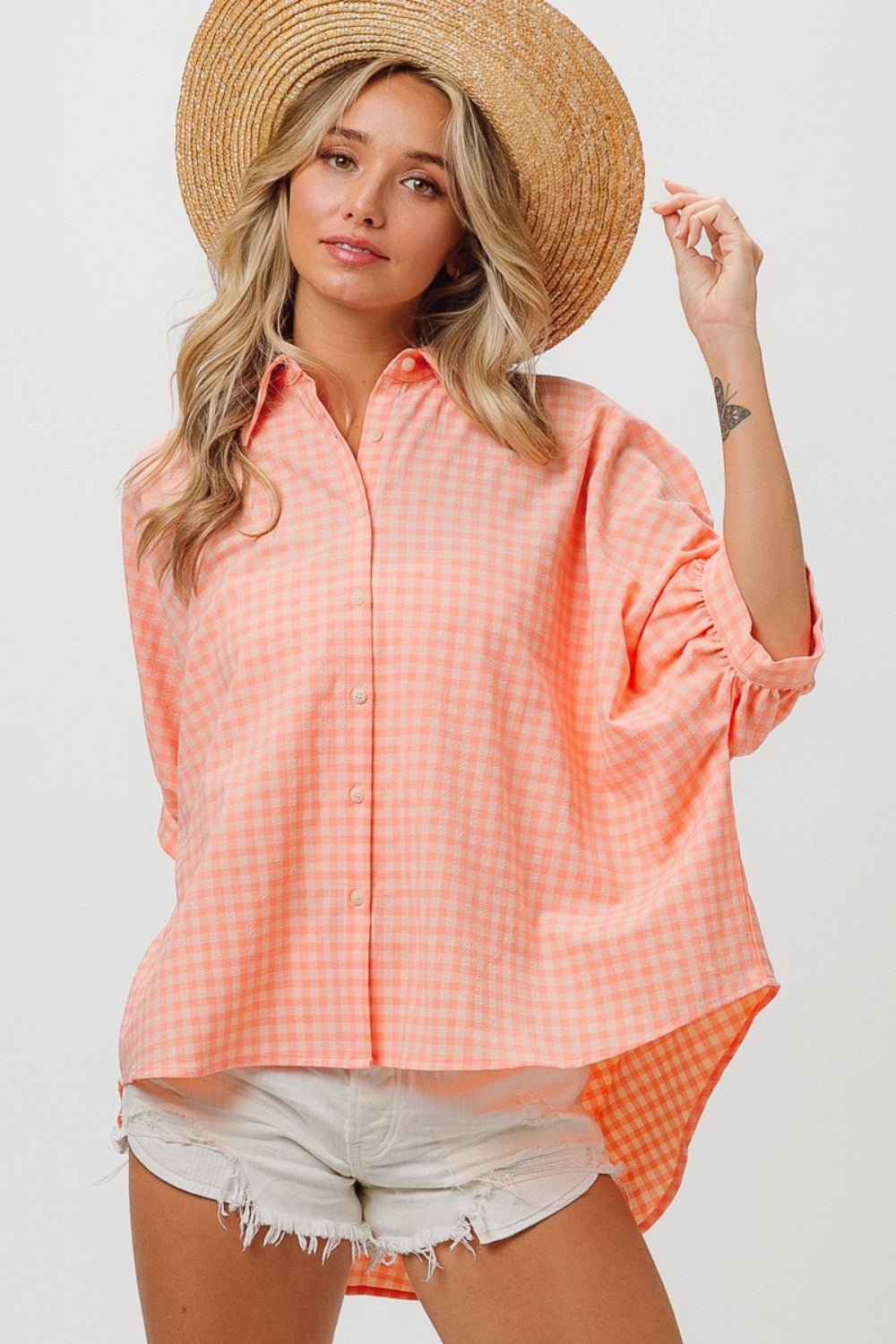 BiBi Plaid Button Up Dolman Sleeve Shirt - Dear Autumn