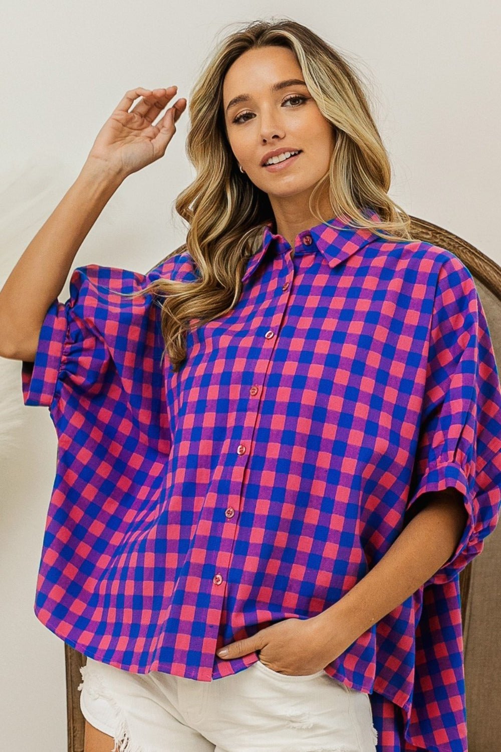 BiBi Plaid Button Up Dolman Sleeve Shirt - Dear Autumn