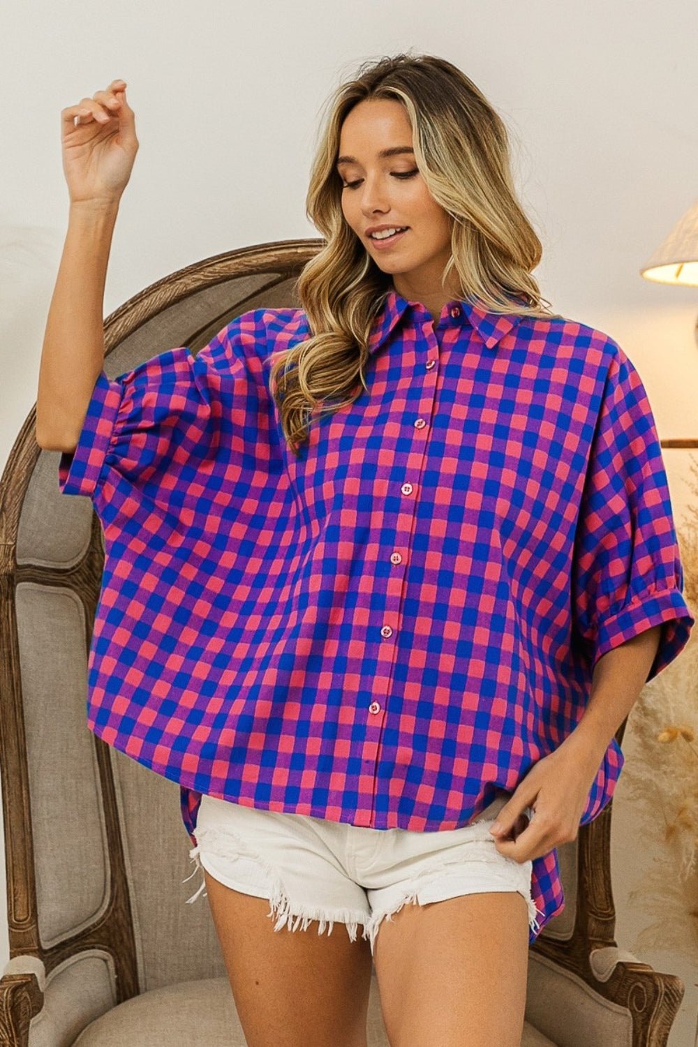 BiBi Plaid Button Up Dolman Sleeve Shirt - Dear Autumn