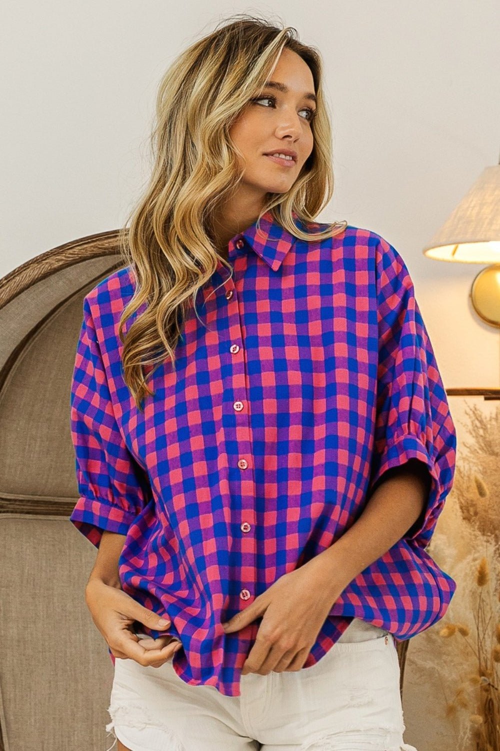 BiBi Plaid Button Up Dolman Sleeve Shirt - Dear Autumn