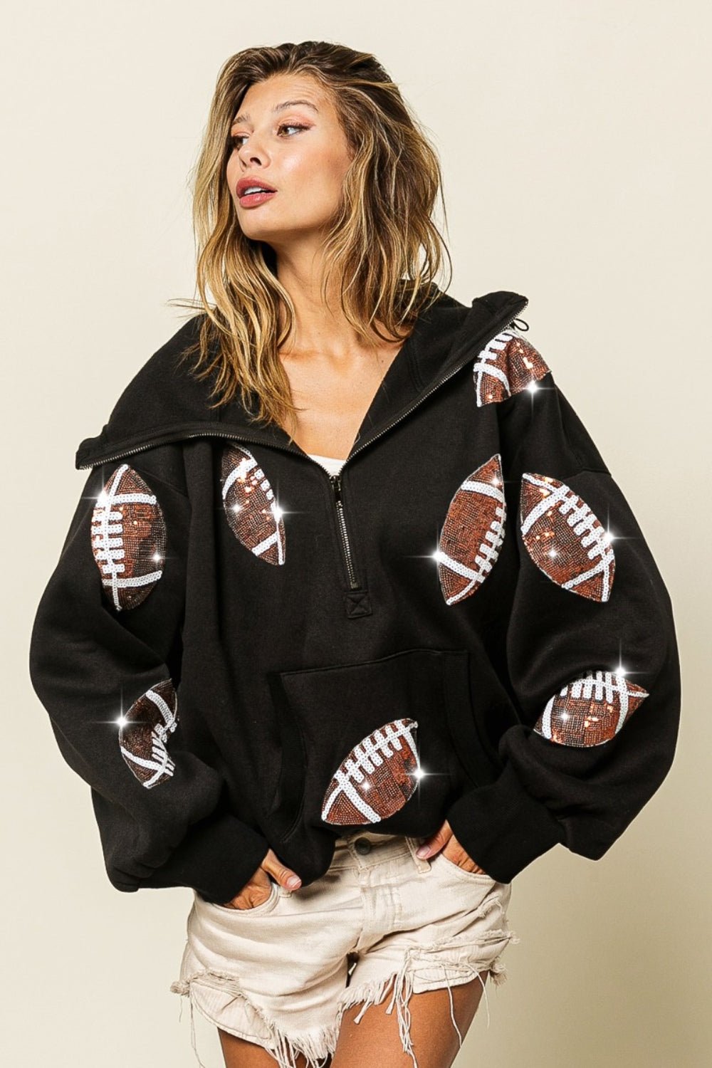 BiBi Sequin Football Half Zip Hoodie - Dear Autumn