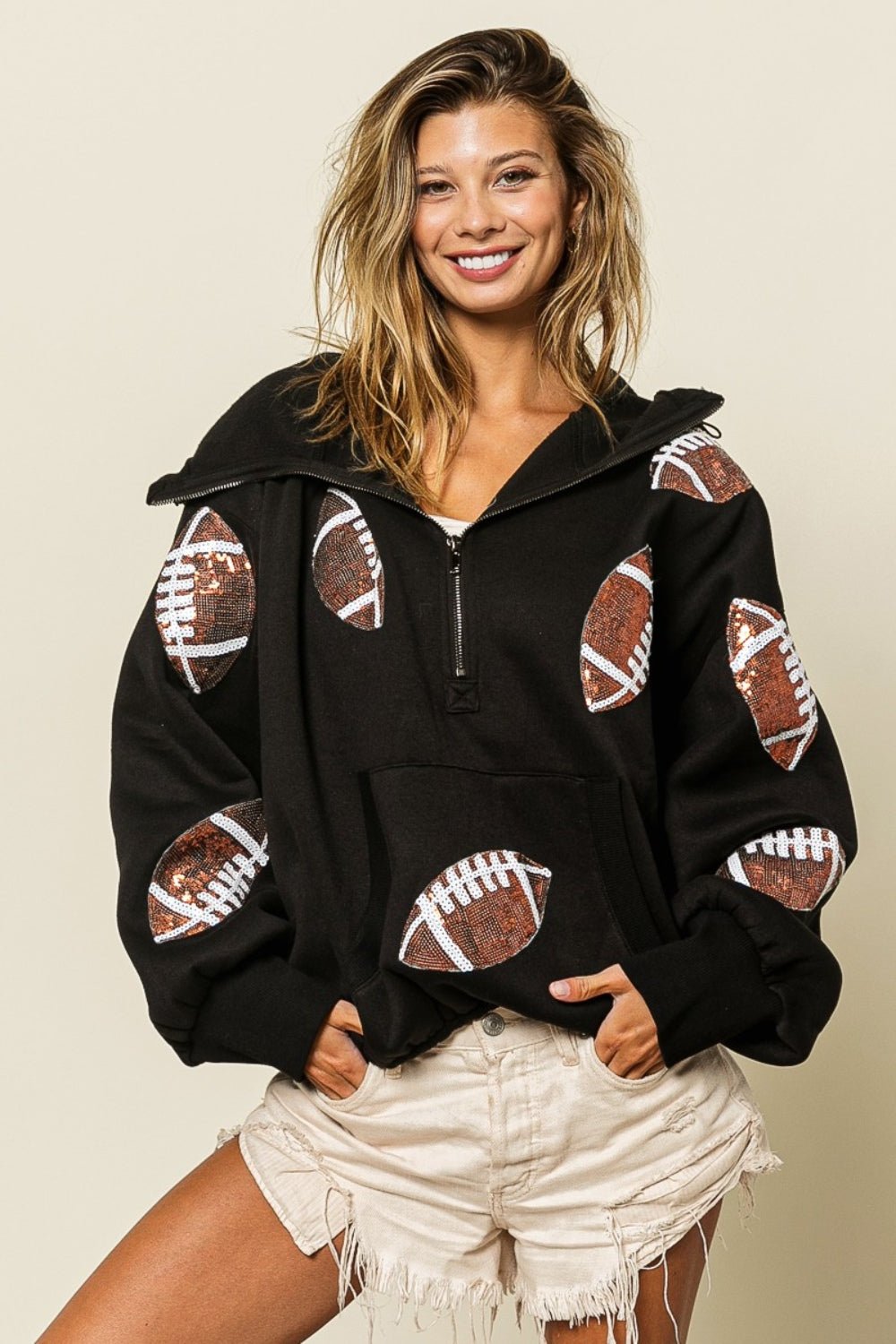 BiBi Sequin Football Half Zip Hoodie - Dear Autumn