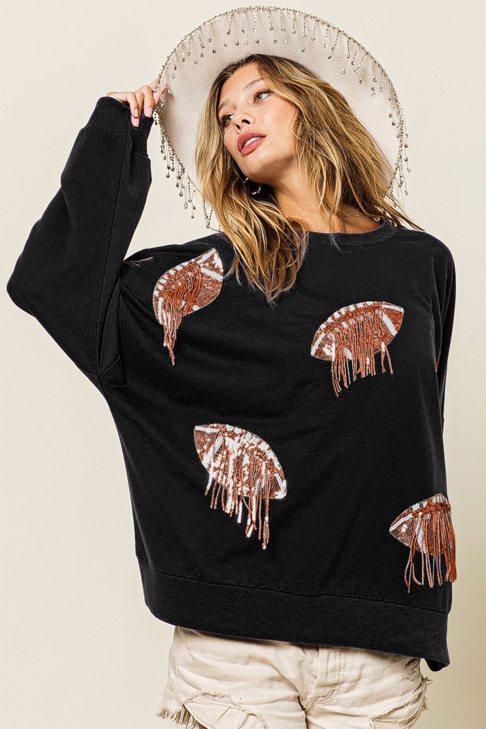 BiBi Sequin Fringe Football Patch Round Neck Sweatshirt - Dear Autumn