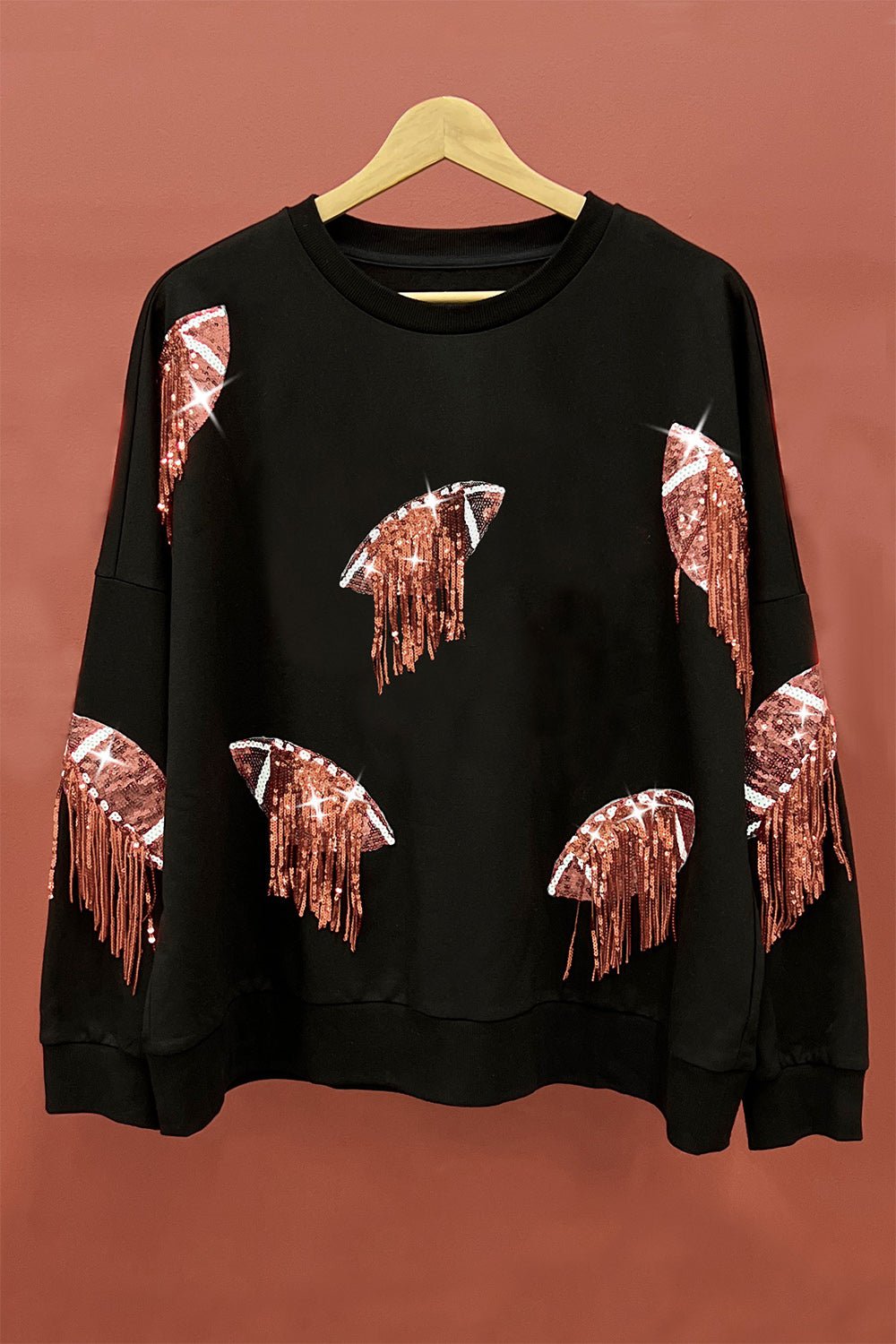 BiBi Sequin Fringe Football Patch Round Neck Sweatshirt - Dear Autumn