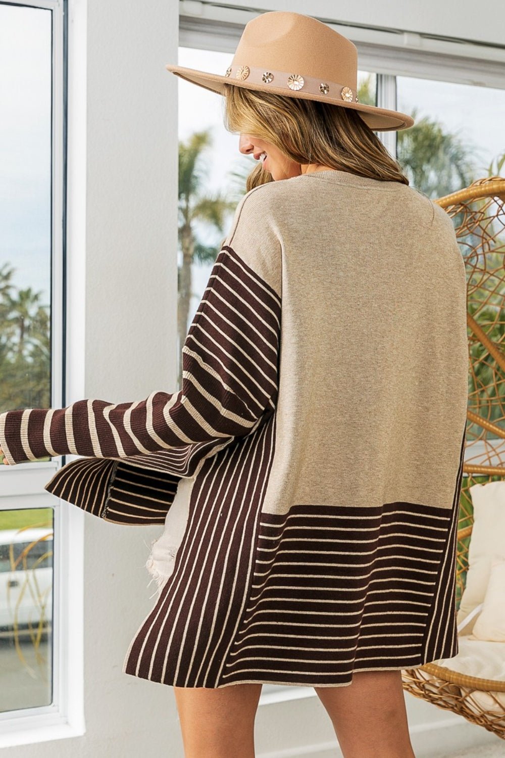 BiBi Striped Contrast Long Sleeve Slit Top - Dear Autumn