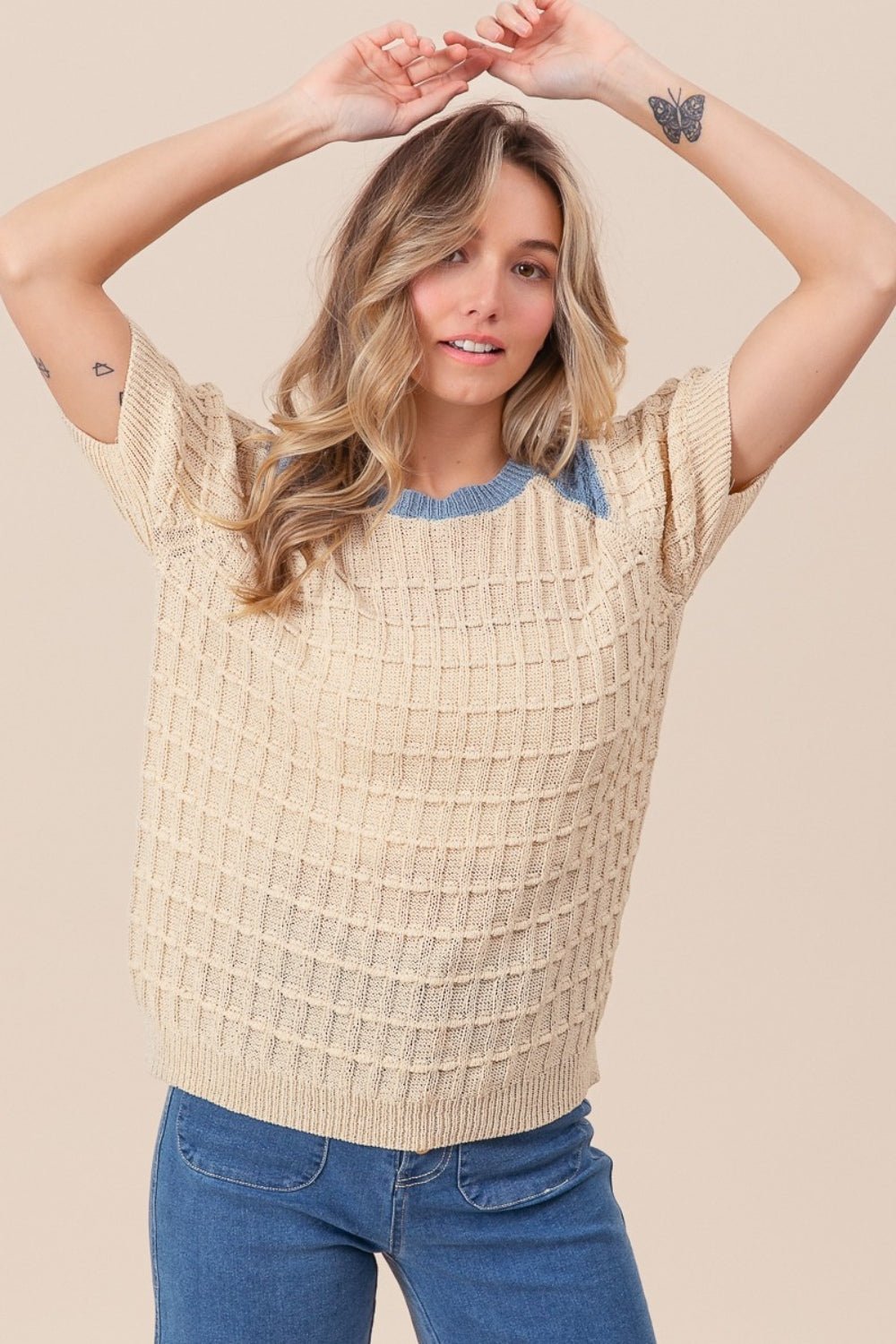 BiBi Textured Contrast Short Sleeve Sweater - Dear Autumn