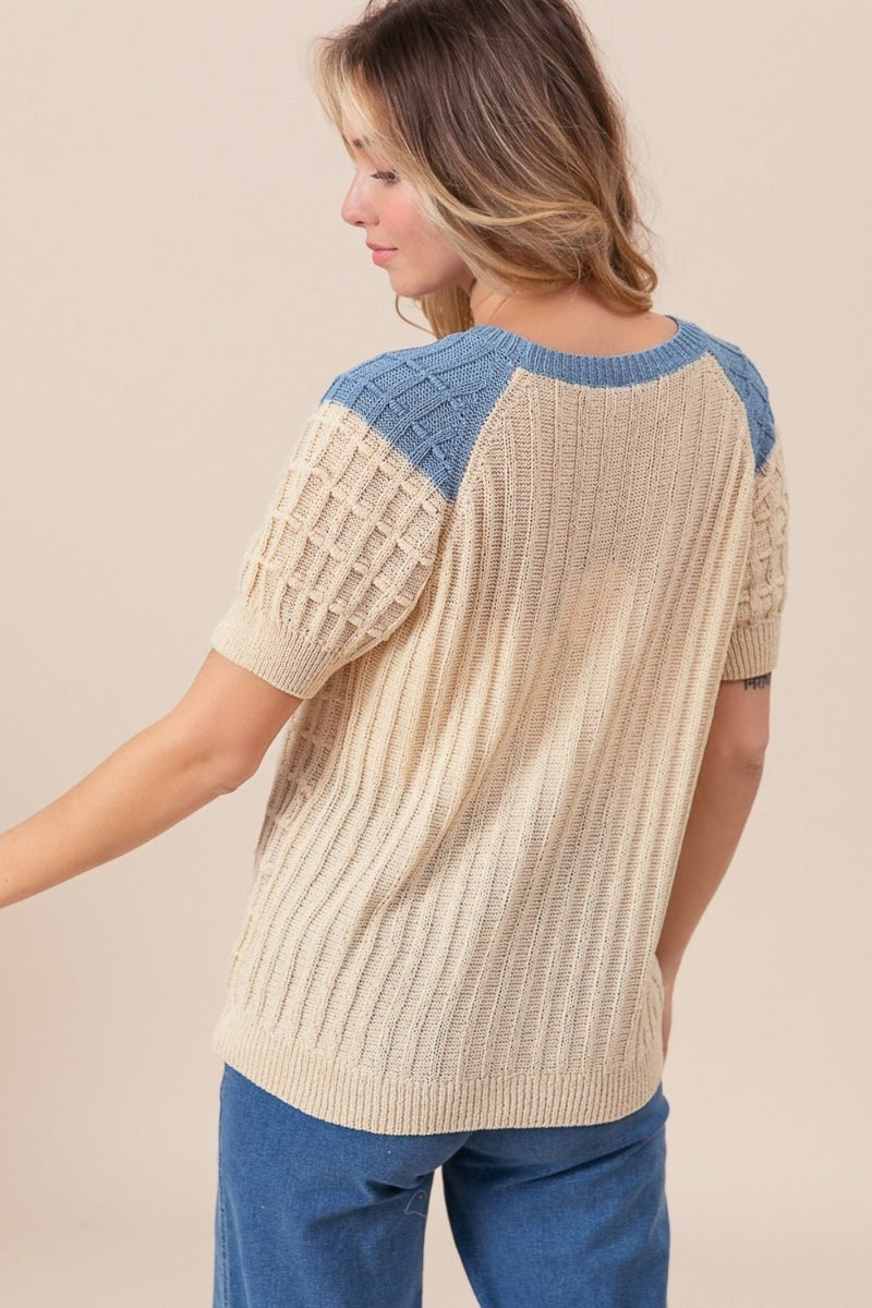 BiBi Textured Contrast Short Sleeve Sweater - Dear Autumn