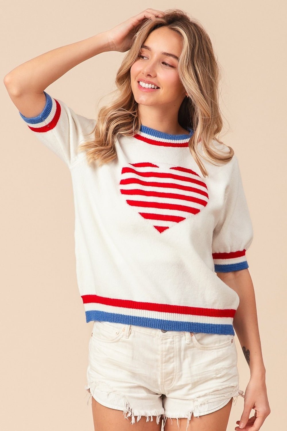 BiBi US Flag Theme Striped Heart Sweater - Dear Autumn