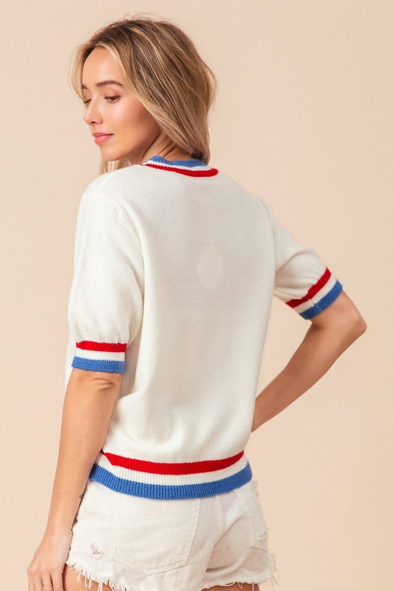 BiBi US Flag Theme Striped Heart Sweater - Dear Autumn