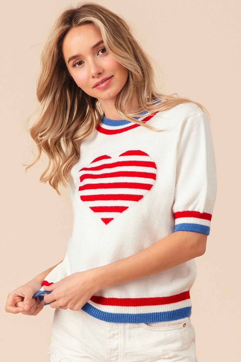 BiBi US Flag Theme Striped Heart Sweater - Dear Autumn