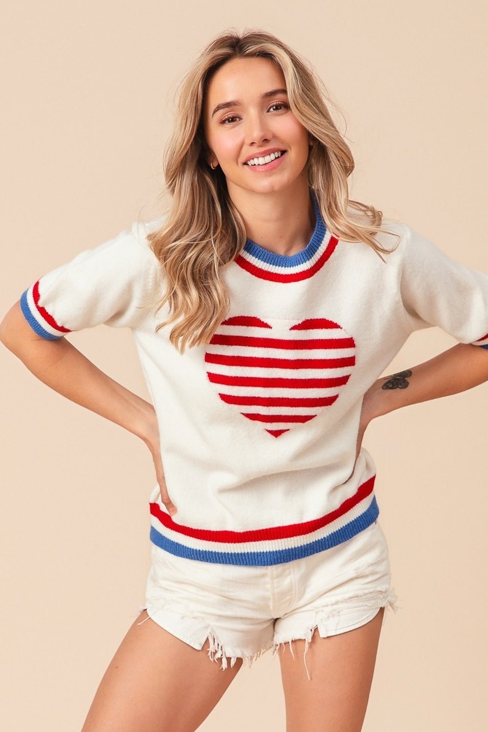 BiBi US Flag Theme Striped Heart Sweater - Dear Autumn