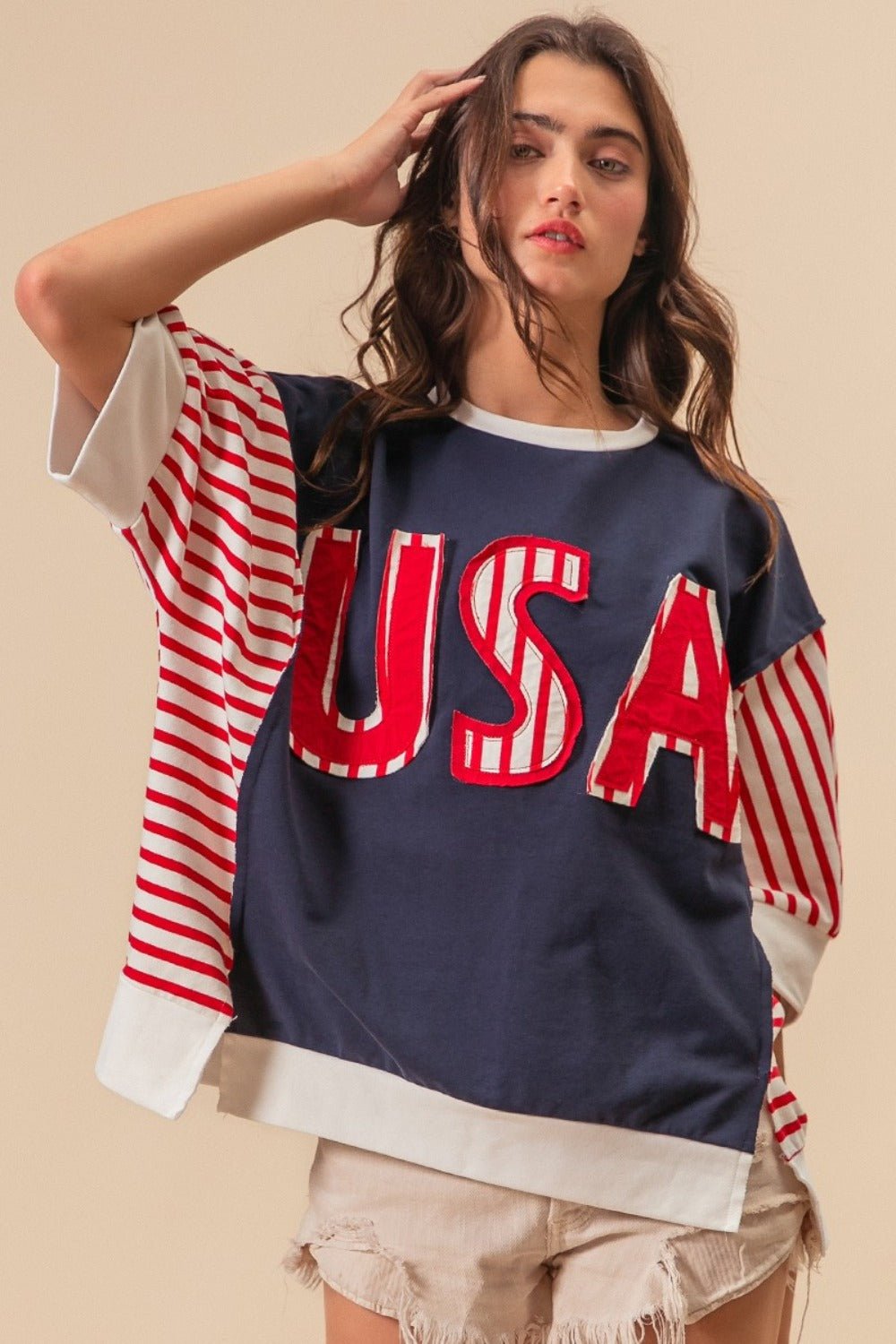 BiBi USA Letter Patchwork Contrast Short Sleeve T-Shirt - Dear Autumn