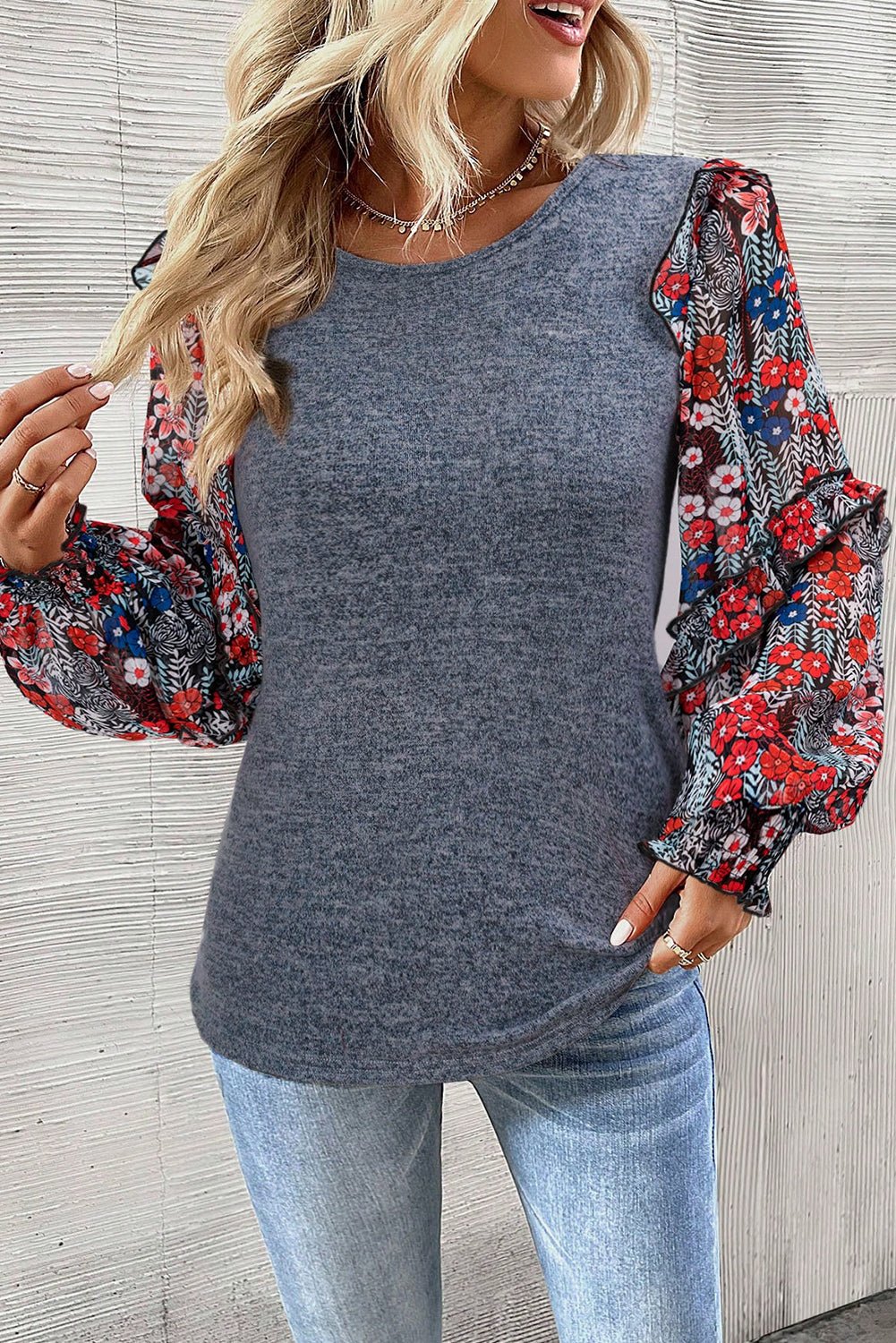 Blue Floral Ruffle Sleeve Patchwork Top - Dear Autumn