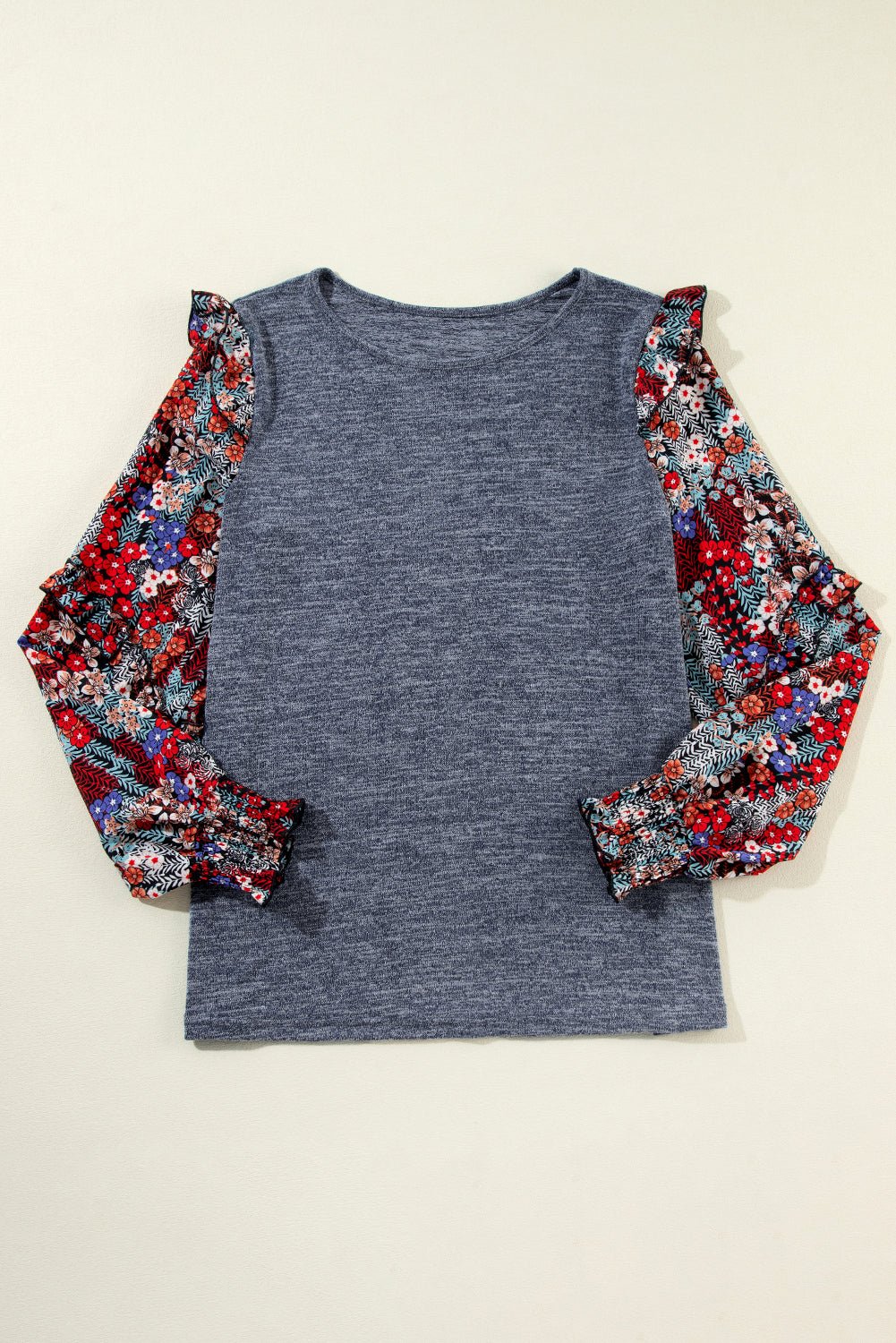 Blue Floral Ruffle Sleeve Patchwork Top - Dear Autumn