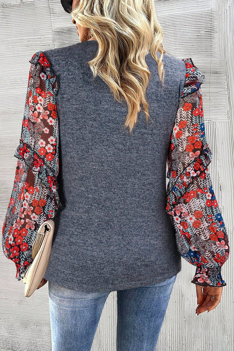 Blue Floral Ruffle Sleeve Patchwork Top - Dear Autumn