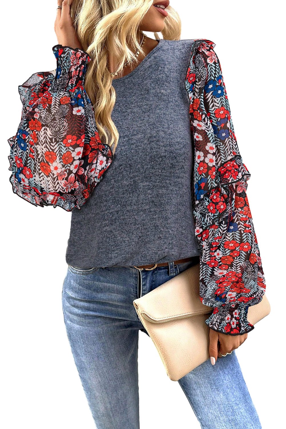 Blue Floral Ruffle Sleeve Patchwork Top - Dear Autumn