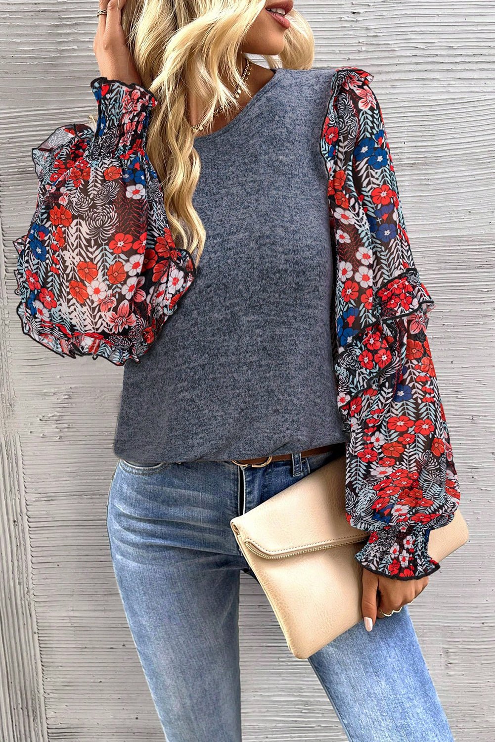 Blue Floral Ruffle Sleeve Patchwork Top - Dear Autumn