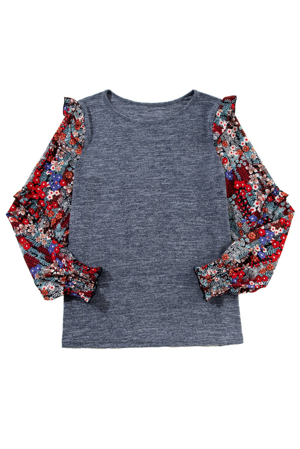 Blue Floral Ruffle Sleeve Patchwork Top - Dear Autumn