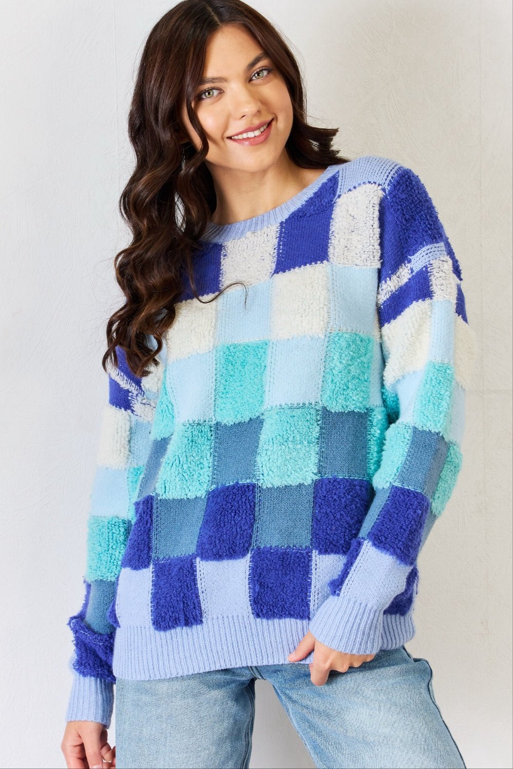 Checkered Round Neck Long Sleeve Sweater - Dear Autumn