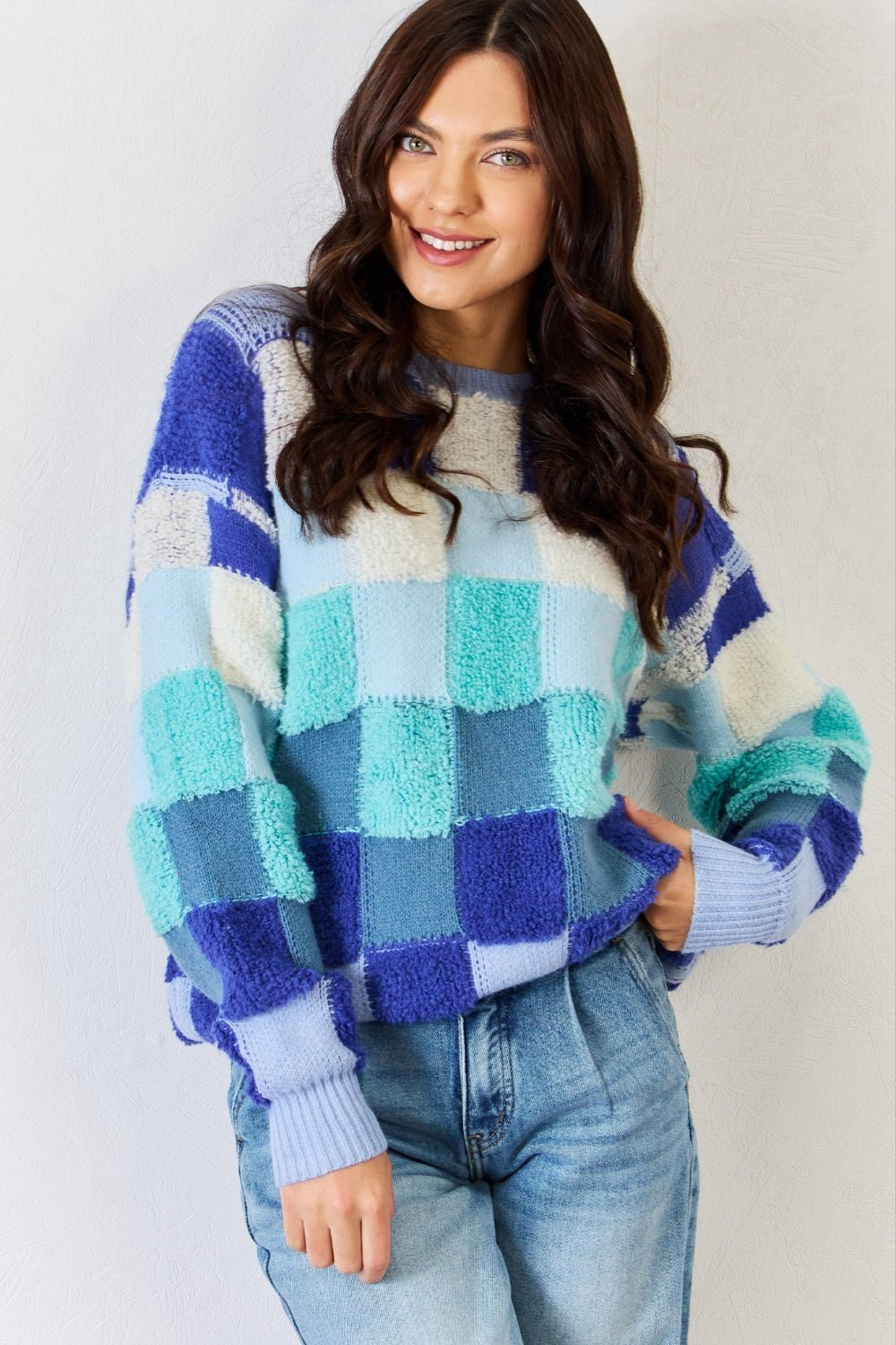 Checkered Round Neck Long Sleeve Sweater - Dear Autumn