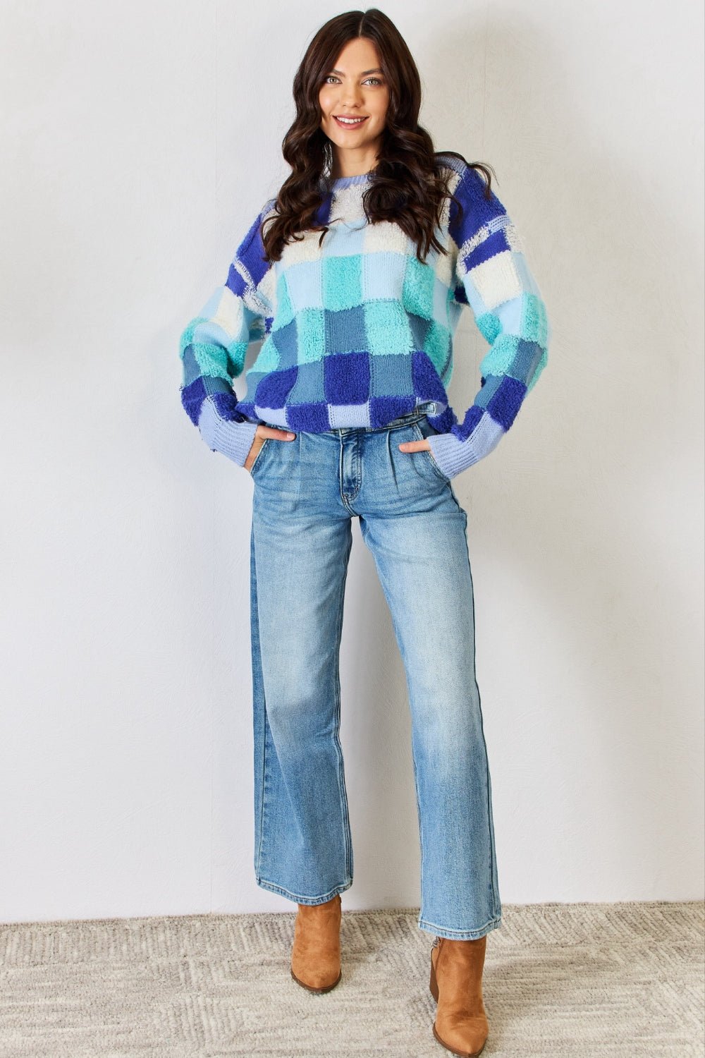 Checkered Round Neck Long Sleeve Sweater - Dear Autumn