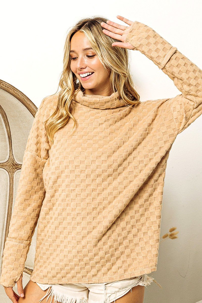 Checkered Round Neck Thumbhole Long Sleeve Top - Dear Autumn