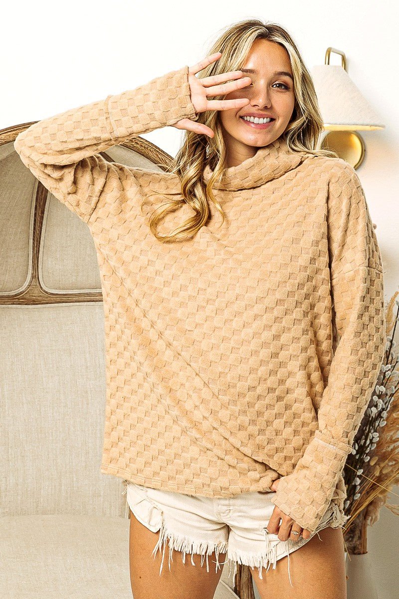 Checkered Round Neck Thumbhole Long Sleeve Top - Dear Autumn