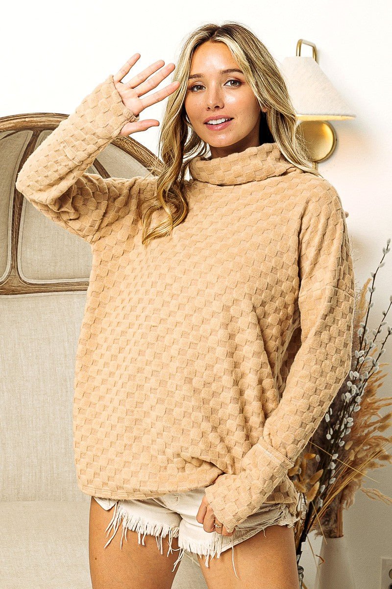 Checkered Round Neck Thumbhole Long Sleeve Top - Dear Autumn