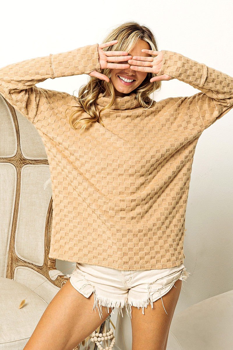 Checkered Round Neck Thumbhole Long Sleeve Top - Dear Autumn