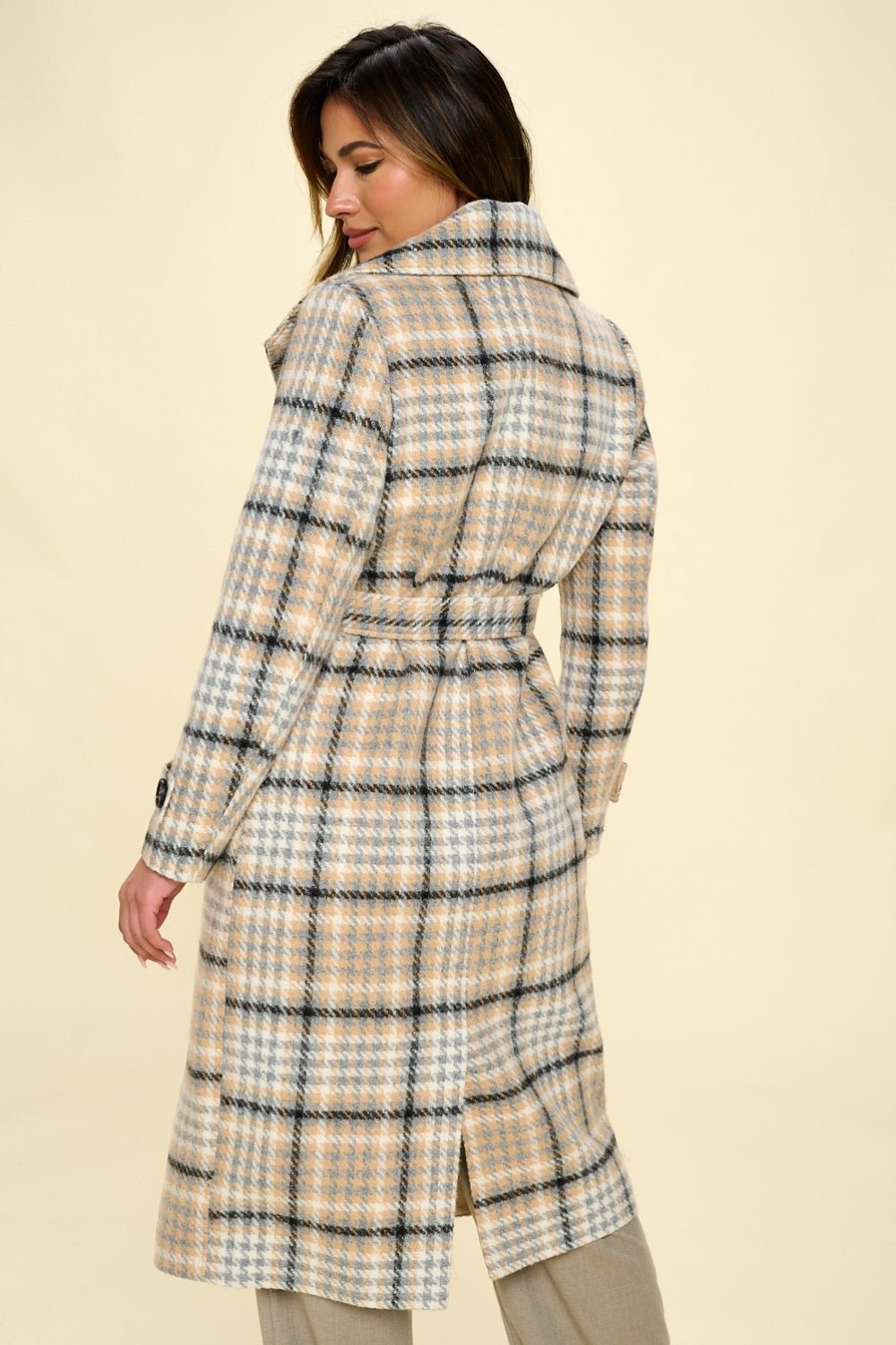 Coalition LA Double - Breasted Plaid Coat with Belt - Dear Autumn