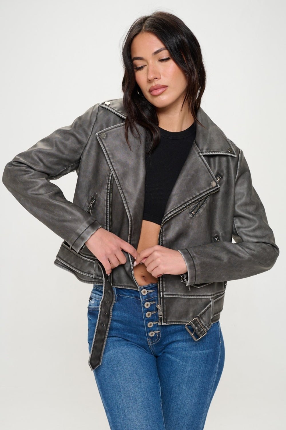 Coalition LA Zip Up Biker Jacket with Belt - Dear Autumn