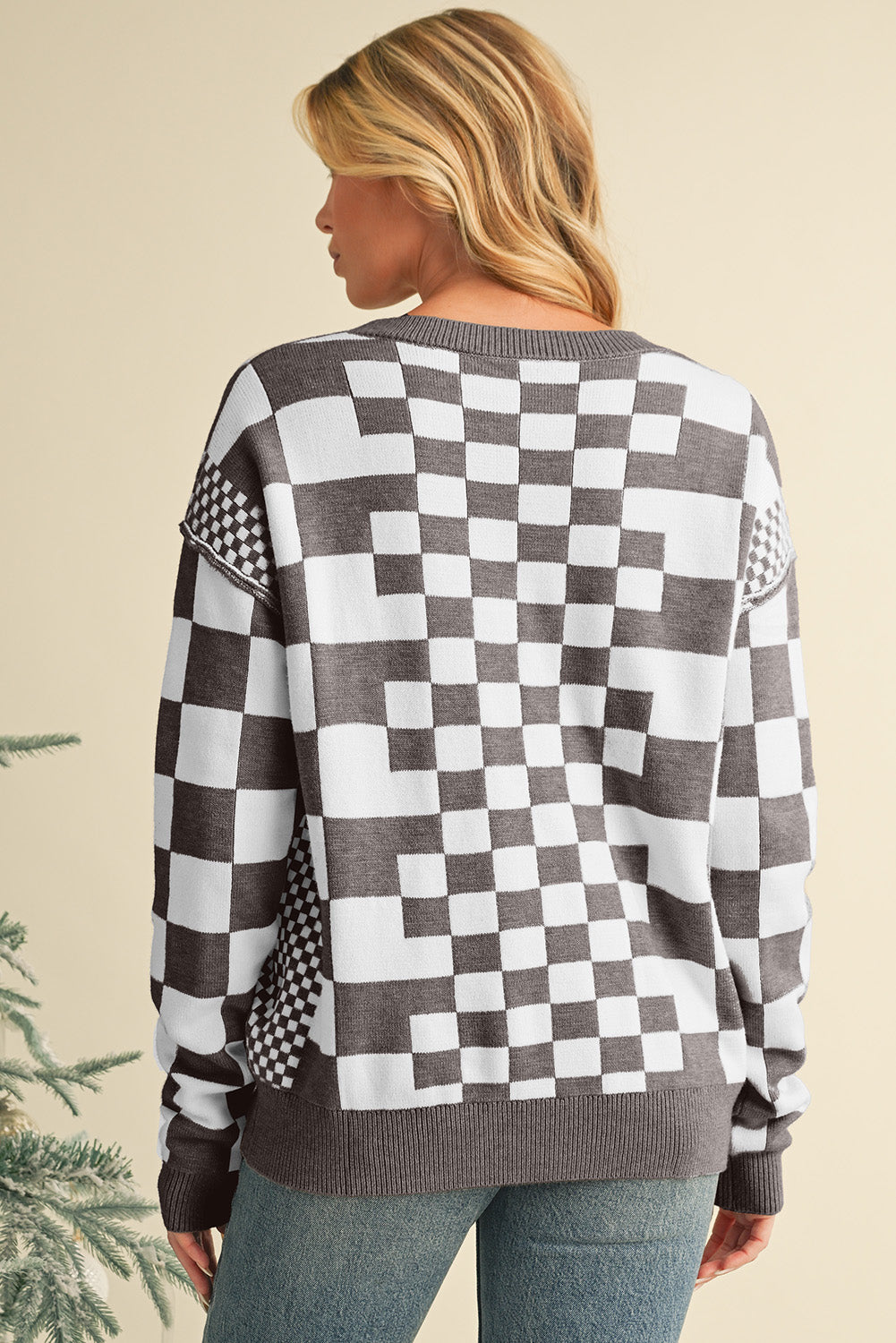 Khaki Checkered Drop Shoulder Round Neck Sweater - Dear Autumn