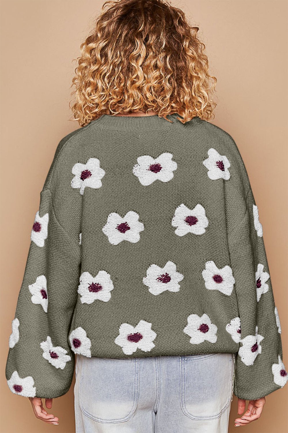 Daisy Pattern Drop Shoulder Sweater - Dear Autumn