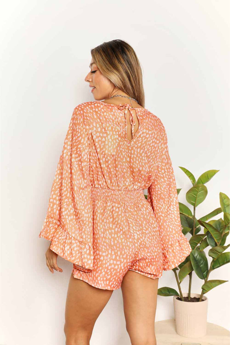 Double Take Printed Flare Sleeve Surplice Romper - Dear Autumn