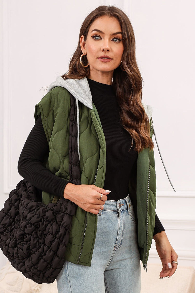 Drawstring Zip Up Hooded Vest Coat - Dear Autumn