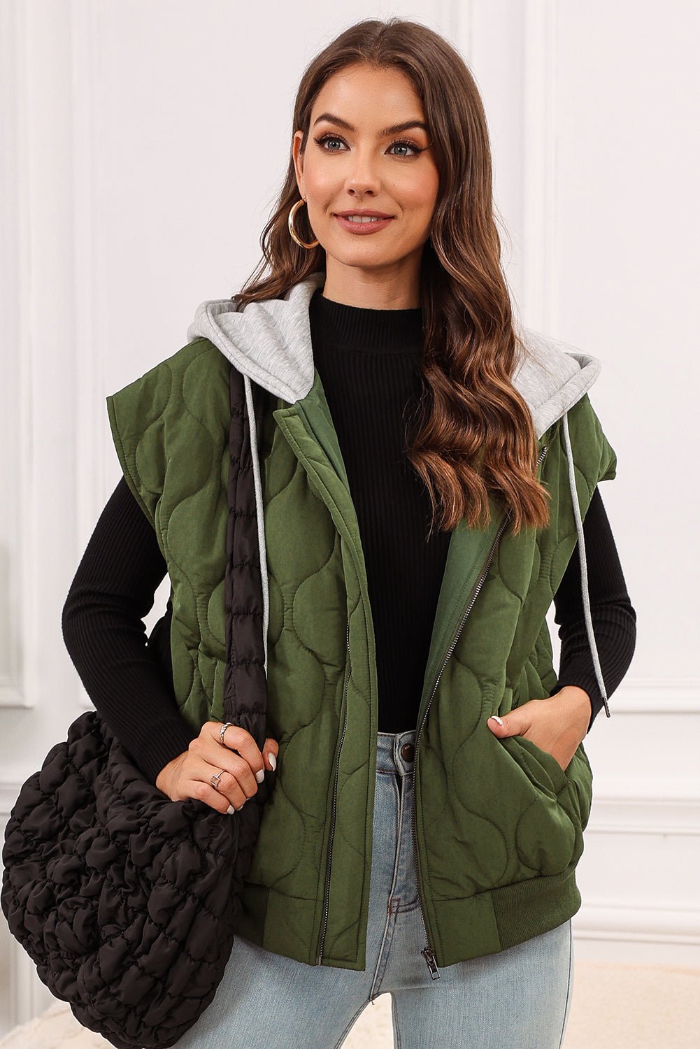 Drawstring Zip Up Hooded Vest Coat - Dear Autumn