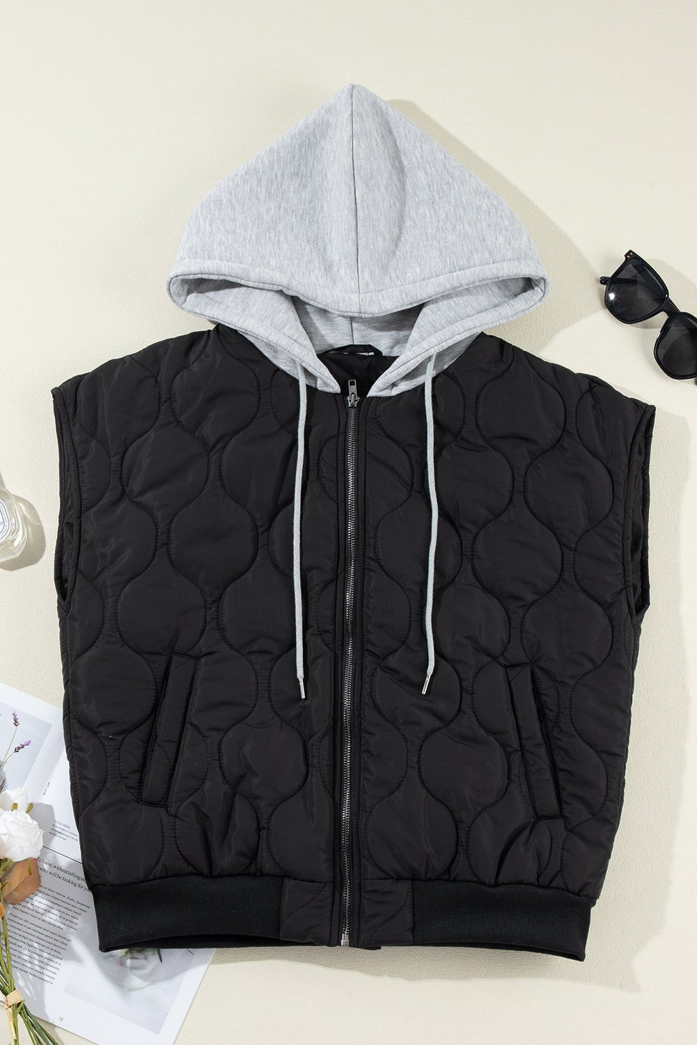 Drawstring Zip Up Hooded Vest Coat - Dear Autumn